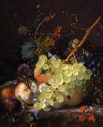 Jan van Huijsum, of grapes and a peach on a table top